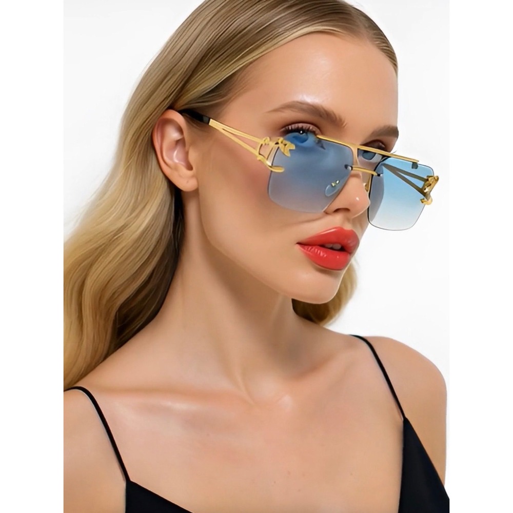 Women Rimless Rectangle Sunglasses Green Lens Fashion Shades Designer Lentes New